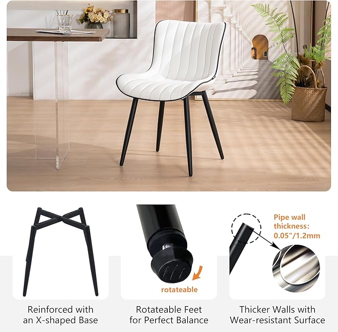 YOUNUOKE Mid-Century Modern Dining Chairs Set of 2, White PU Leather Upholstered Kitchen Chairs with Black Metal Legs, Armless Accent Chair for Dining Room, Guest Reception Room