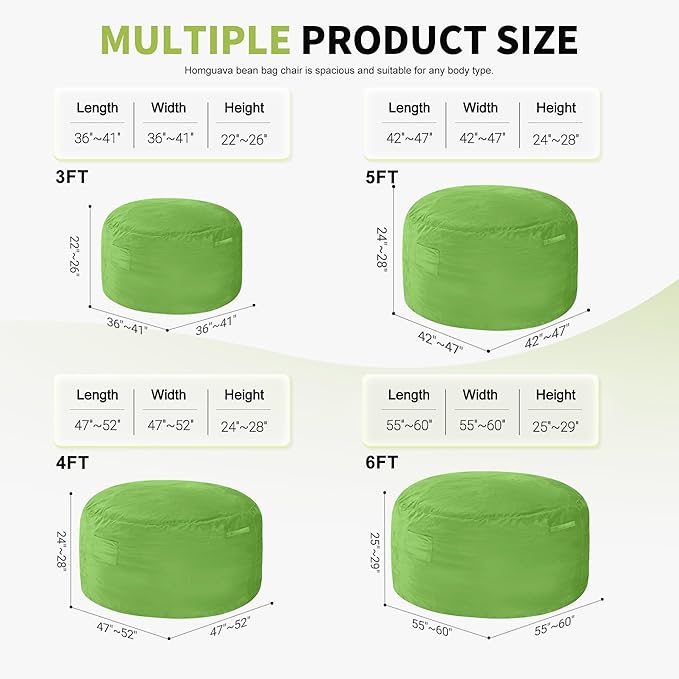 Homguava 6 FT Bean Bag Chair: 6' Bean Bags with Memory Foam Filled, Large Beanbag Chairs Soft Sofa with Dutch Velvet Cover-Lime