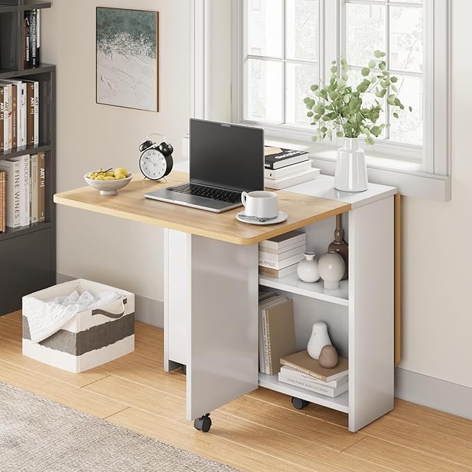 GarveeHome Folding Dining Table, Space Saving Farmhouse Dining Table for 4 Storage Shelf, 6 Wheels Multipose Expandable Kitchen Drop Leaf Table for Small Space (Pear Wood, 47.2"D x 23.6"W x 29.5"H)