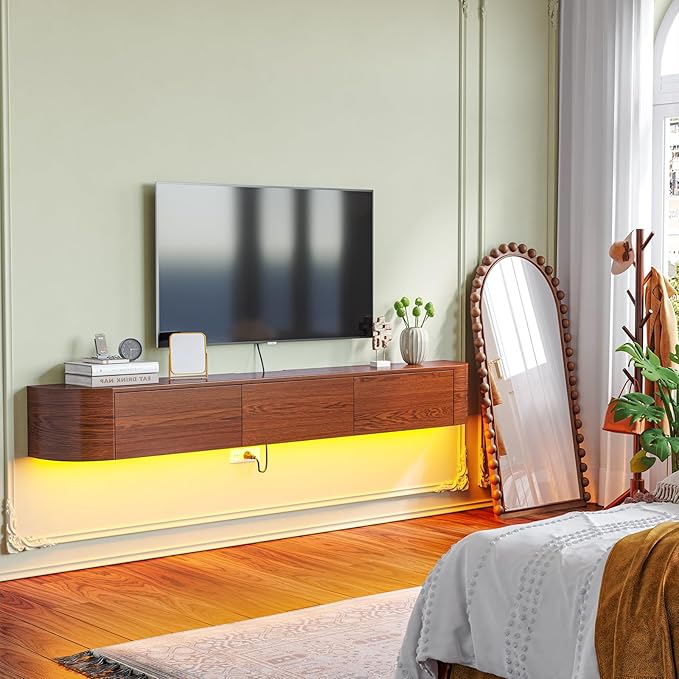 Fully Assembled Floating TV Stand with Drawers, 63IN Vintage Wall Mounted Entertainment Center, Minimalist Large Storage Console Under TV, Solid Wood Media Shelf for Living Room, Bedroom