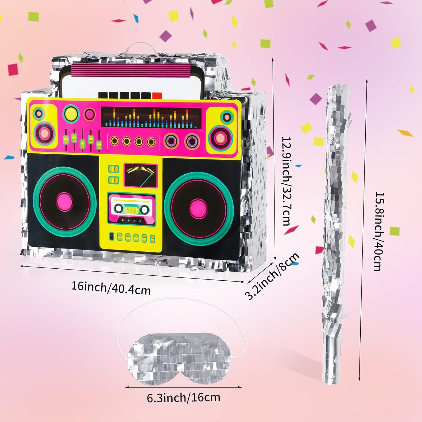 Boombox Pinata with Stick & Hanging Loop Retro 90s Hip Hop Mexican Pinata Game for Back to the 80s Party Nostalgia Large Radio Gifts 70' Theme Birthday Party Decorations Supplies