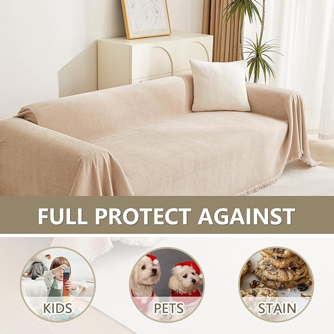 MYSKY HOME Dog Sofa Covers Khaki L-Shaped Sofa Slipcovers, Loveseat Couch Cushion Cover Tassel Edge, 91"x 118
