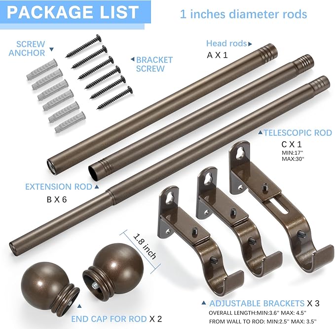 Curtain Rods for Windows 16 to 120 Inches, Curtain Rod Max Adjustable Length of 132 IN, 1" Diameter Drapery Rods Round Finials, Brown, Pack of 1