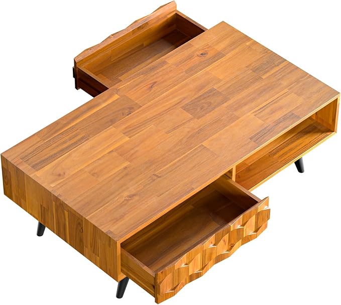 Bme Georgina Solid Wood Coffee Tables for Living Room, Coffee Table Mid Century Modern with 2 Symmetrical Storage Drawers & Geometric Details, Fully Assembled Center Table, Teak Brown