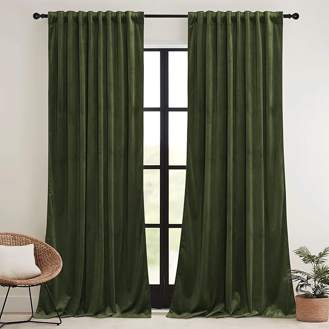 RYB HOME Green Velvet Curtains 96 inch, Solid Room Darkening Window Curtains - Image 2