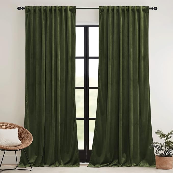 RYB HOME Green Velvet Curtains 108 inch, Solid Room Darkening Window Curtains - Image 2