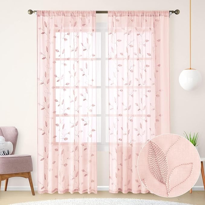 HOMEIDEAS Blush Pink Sheer Curtains 52 X 96 Inches Length 2 Panels Embroidered by HOMEIDEAS