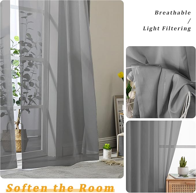 Gwine Charcoal Grey Sheer Curtains 84 Inches Long 2 Panels Set - Image 3