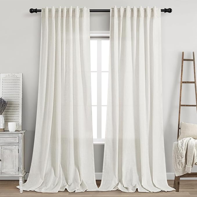 Beige White Linen Curtains 90 Inch Long 2 Panels Set by Nanspring