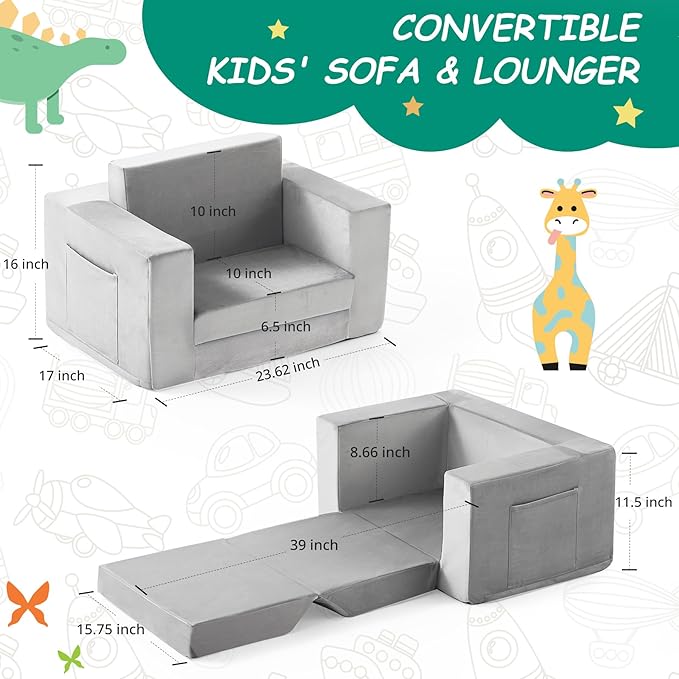 Kids Couch, 2-in-1 Toddler Chair Comfy 1-3 Years Old, Convertible Kids Chair, Toddler Couch That Fold Out, Kid Lounge Chairs for Boys and Girls, Soft Coral Fleece, Grey
