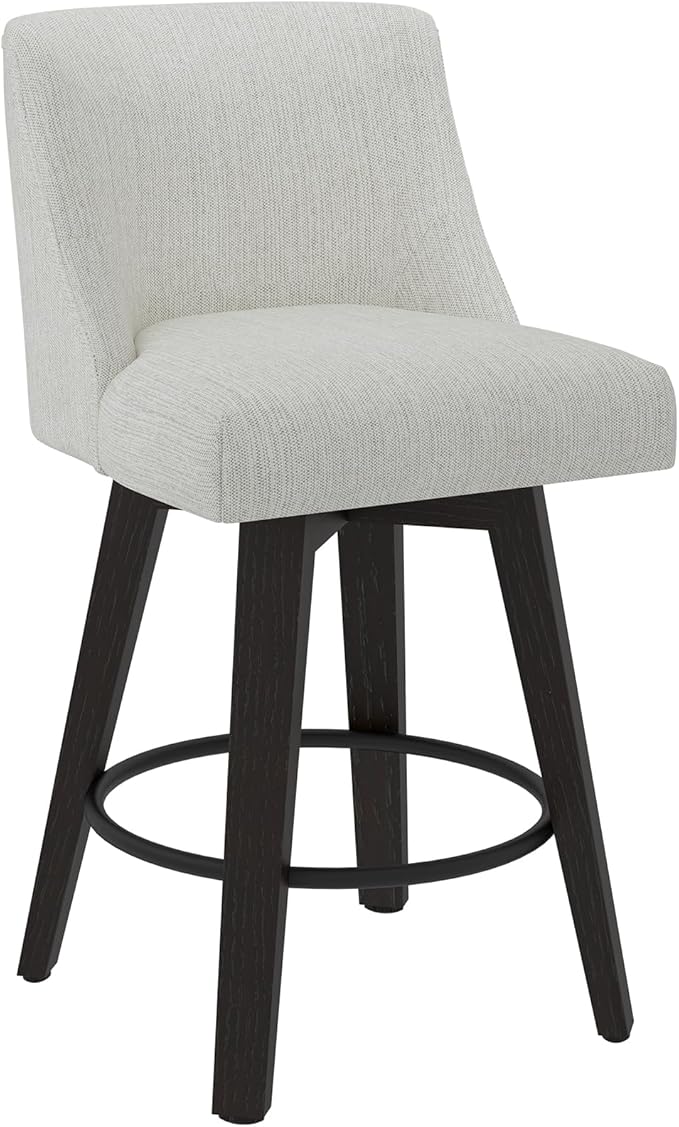 Counter Height Swivel Bar Stools Set of 3, 26 Inch Bar Stools with Footrest, Linen Fabric Upholstered Barstools with Back and Solid Wood Legs for Kitchen Island, Dining Room,Pub,White