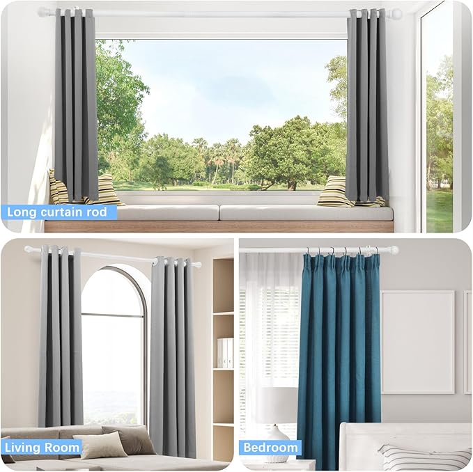 Curtain Rods for Windows 16 to 136 Inches, Curtain Rod Max Adjustable Length of 144 IN, 6/8" Diameter Drapery Rods Round Finials, White, Pack of 2