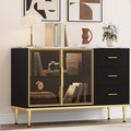 Buffet Sideboard Cabinet with Storage, 46.4" Large Fluted Kitchen Sideboard Cabinet with 2 Glass Doors 3 Drawers and Shelves, Faux Marble Top Buffet Table for Dining Room, Living Room, Black