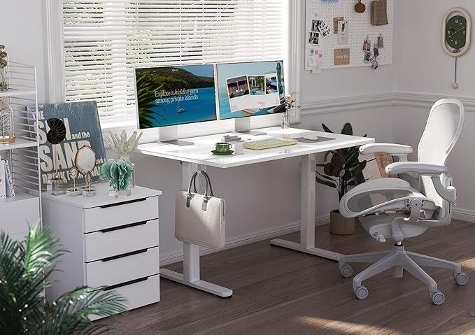 Claiks Glass Standing Desk, 48x24 Inch White Standing Desk Adjustable Height Electric Stand Up Quick Install for Computer Desks, Super White