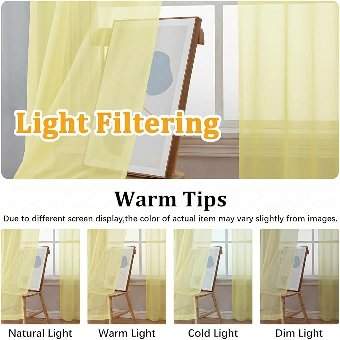 Gwine Light Yellow Sheer Curtains 72 Inches Long 2 Panels Set, Light Filtering - Image 4