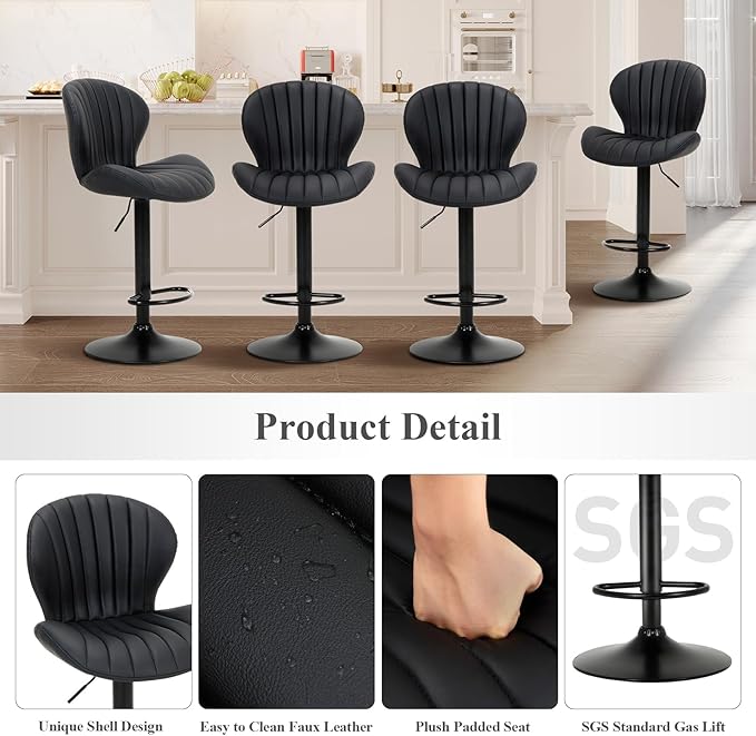 COLAMY Bar Stools Set of 1, Modern Swivel Bar Chairs, Adjustable Faux Leather Upholstered Barstools Counter Height with High Backrest for Bar, Kitchen Island, Dining Room, Black