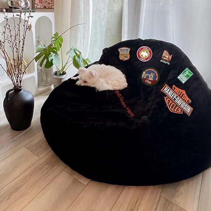 BCU Bean Bag Cover with Embroidered Words Comfy Beanbag Chair for Adults Without Filler Faux Fur Lazy Sofa Cover for Living Room Chairs, Black, 3.5FT