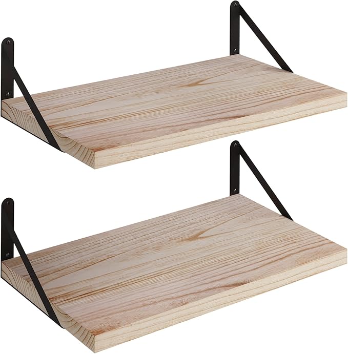 SAUMONIER Floating Shelves Bookshelf for Bedroom Bathroom Living Room Wood Wall Mounted Wide Deep Storage, Rustic Torched 24 Inch Shelves Set of 2