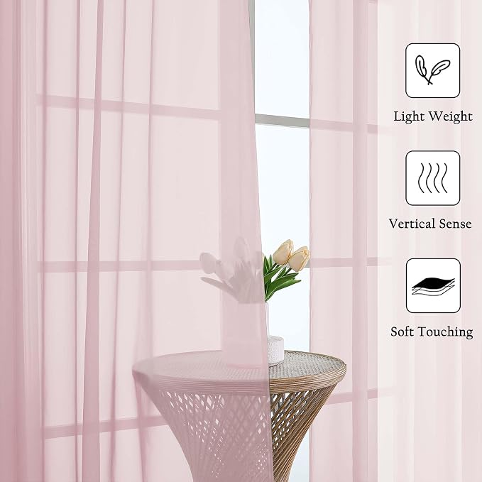 Lecloud Blush Pink Sheer Curtains 96 Inches Long 2 Panels Set, Modern Farmhouse - Image 2