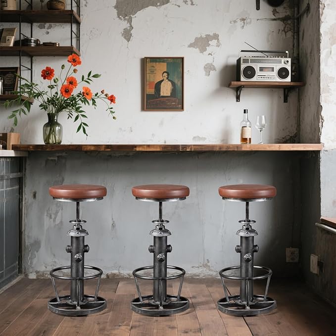 Topower Antique Industrial Round Bottom Adjustable Height Cafe Coffee Retro Vintage Stylish Water Pipe Design Pub Kitchen Bar Stool (Silver, PU Leather Top)