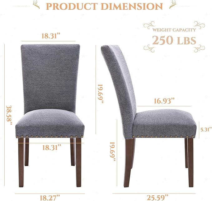 Parsons Dining Chairs Set of 4, Upholstered Nailhead Dining Room Kitchen Side Chair with Thick Cushions and Wood Legs, Dark Grey