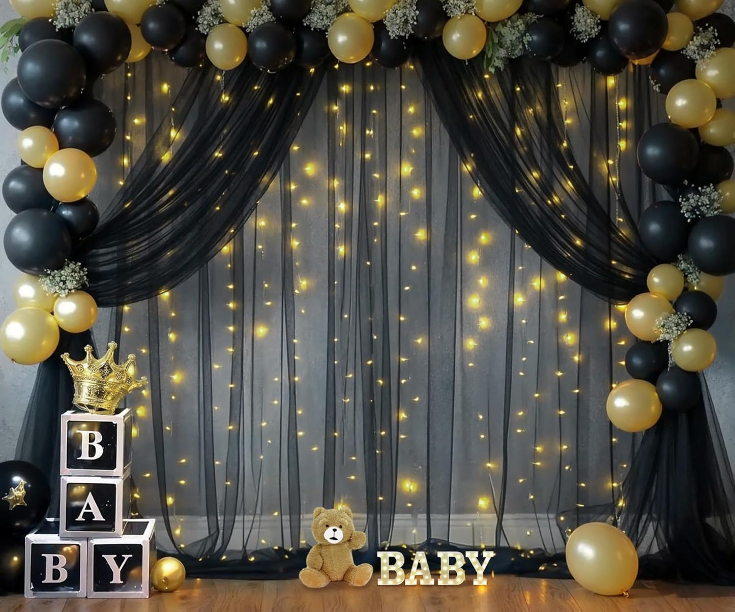 Black Sheer Backdrop Curtains with Lights String for Parties Birthday 10ft × 8ft Black Tulle Backdrop Curtain for Baby Shower Wedding Graduation Halloween Party Photo Shoot Decorations