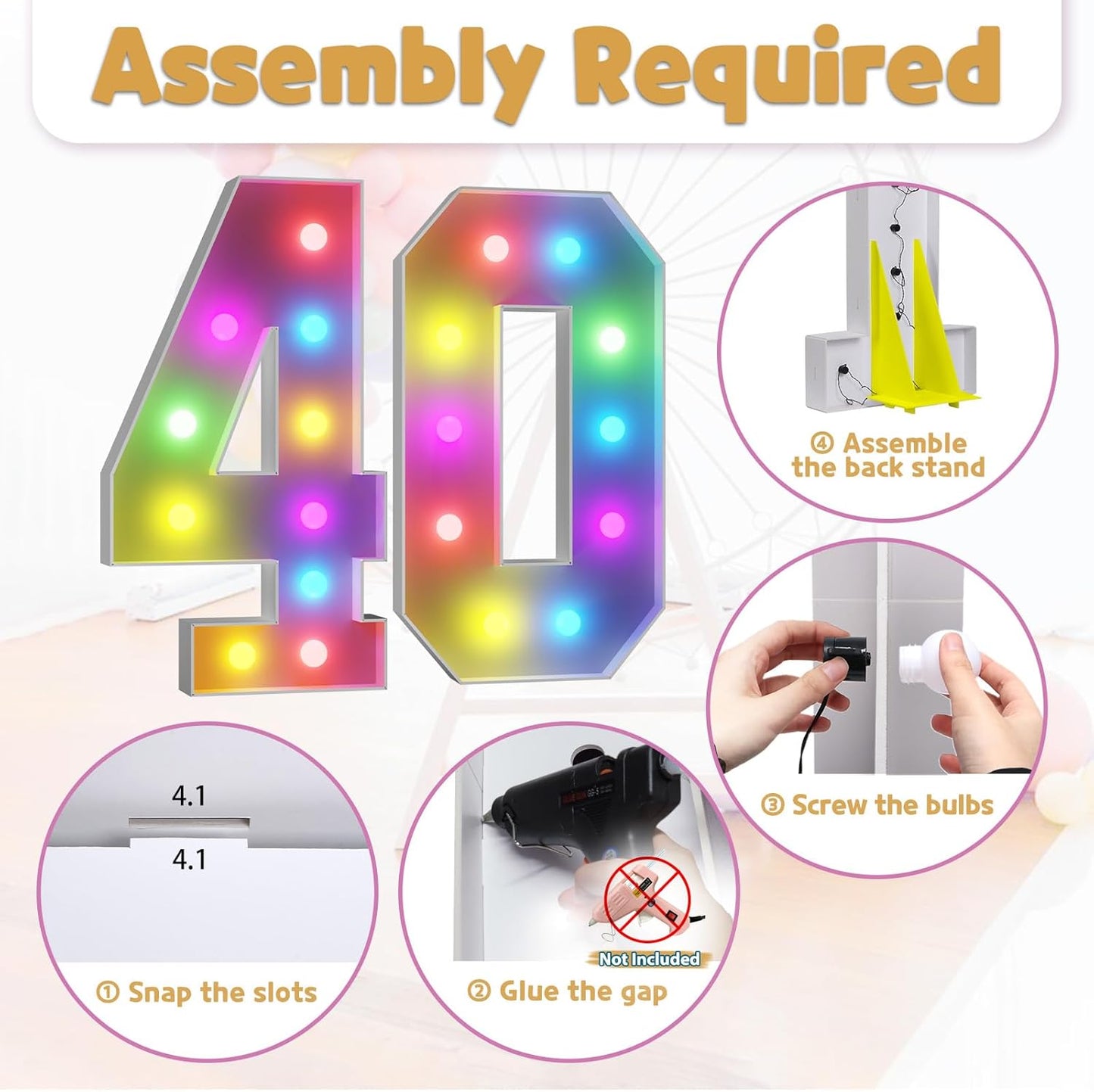 Marquee Numbers Colorful 40th-Birthday Decoration: 4FT Large Light Up 40 Year Old Birthday Decorations Anniversary Backdrop for Men Women Cardboard White Sign 18 Colors Number 40 Mosaic Balloon Frame