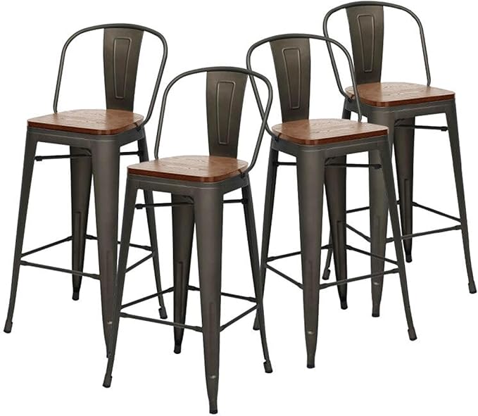 Changjie Furniture 30 Inches Metal Barstools Set of 4 Counter Height Bar Stools Industrial Stools with Backs High Back Chairs for Kitchen Island (30 Inch, Rusty)