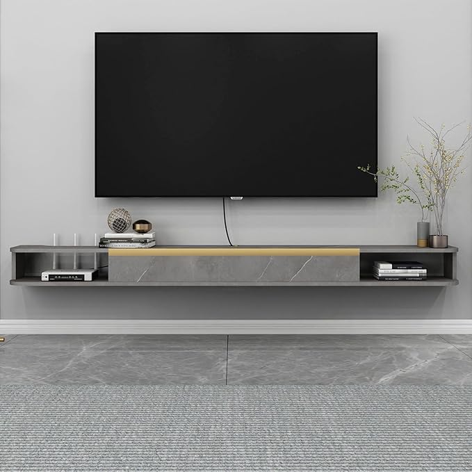 Floating TV Stand, 79'' Wall Mounted Entertainment Center TV Media Console, Floating Shelves with Door, Floating TV Cabinet Large Storage TV Bench for Living Room (Dark Grey, 78.74IN)