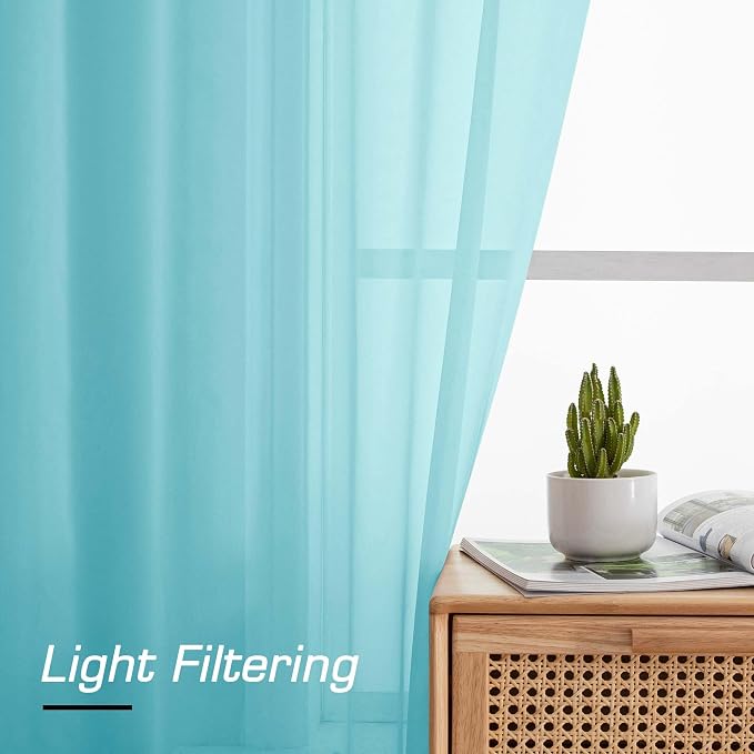 Simplebrand Aqua Sheer Curtains 63 Inch Length 2 Panels, Rod Pocket Solid Color - Image 3