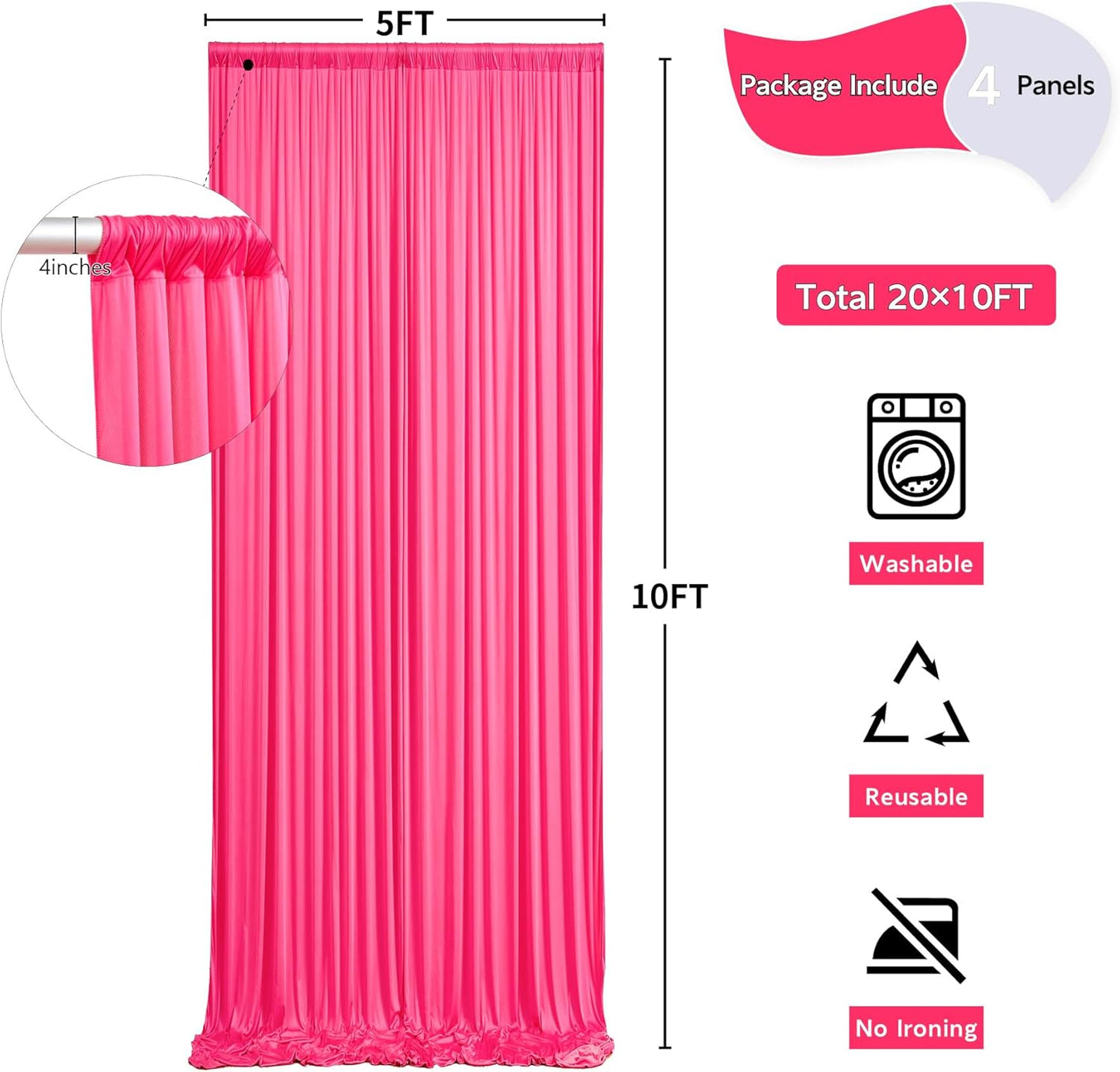 20 ft x 10 ft Wrinkle Free Fuchsia Backdrop Curtain for Parties, 4 Panels Polyester Hot Pink Photo Backdrop Drapes for Wedding Birthday Party Baby Shower