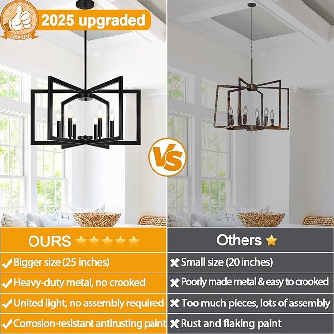 25" Modern Black Chandelier for Dining Room (6-Light, 25-Inch), Geometric Black Dining Room Light Fixture Over Table, Industrial Metal Hanging Pendant Lights for Kitchen Island, Entryway, Foyer