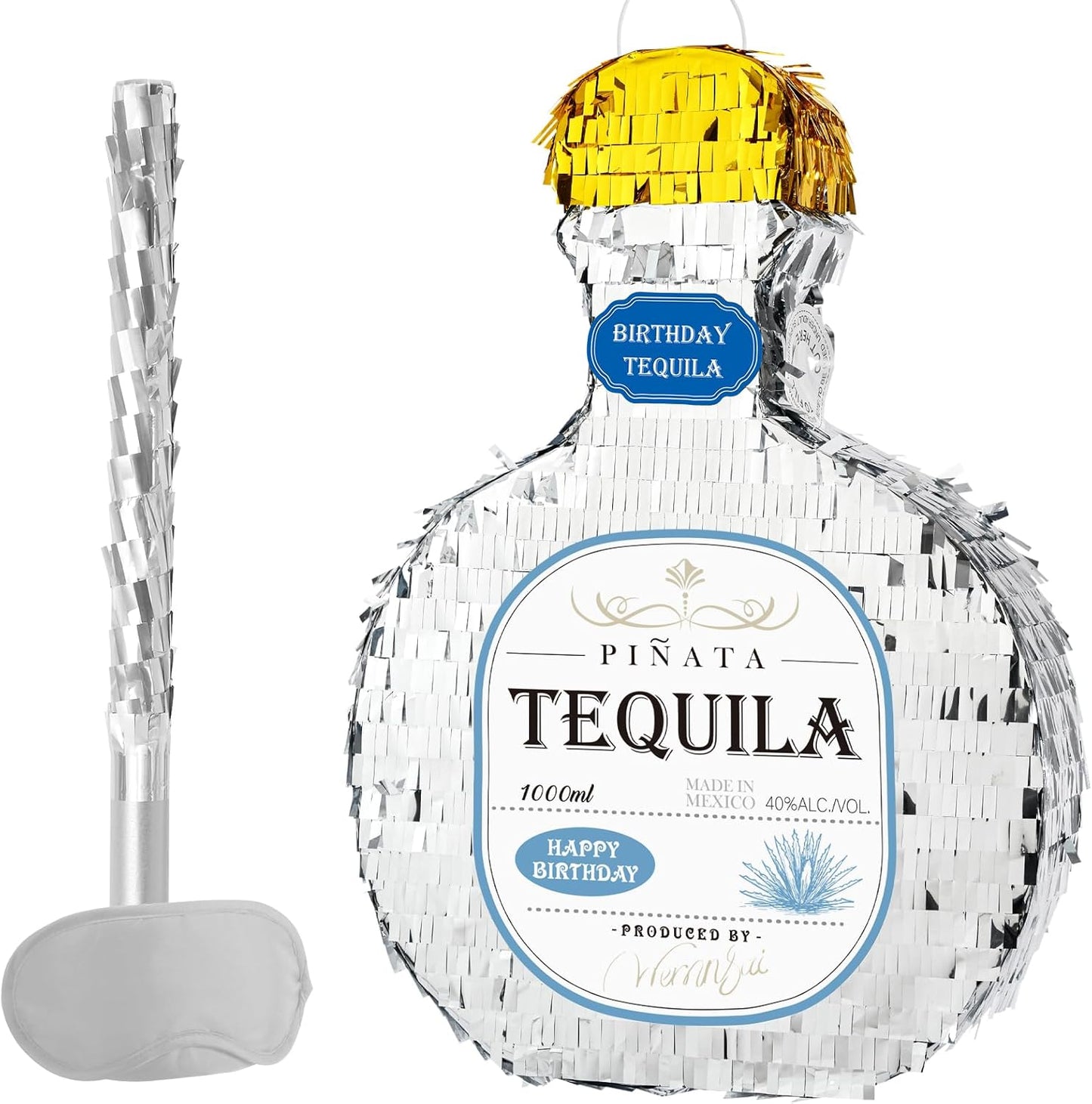 WERNNSAI Tequila Bottle Pinata - Disco Party Decorations for Adults Silver Patron Tequila Pinata with Blindfold for Bachelor Birthday Party Supplies 11.7” x 16.5”