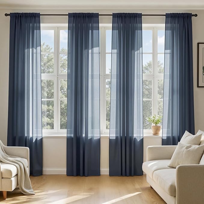 MIULEE Navy Blue Sheer Curtains 108 Inches Long, 4 Panels Set, Light Filtering by MIULEE