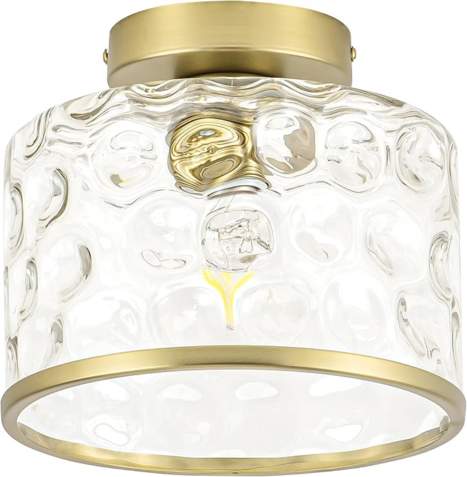 Gold Flush Mount Ceiling Light with Clear Hammered Glass lampshade, Farmhouse Ceiling Lights Fixture in Satin Brass for Kitchen Bathroom, Bulb not Included