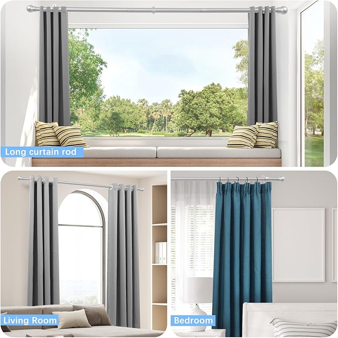 Curtain Rods for Windows 16 to 76 Inches, Curtain Rod Max Adjustable Length of 88 IN, 6/8" Diameter Drapery Rods Round Finials, Satin Silver, Pack of 2