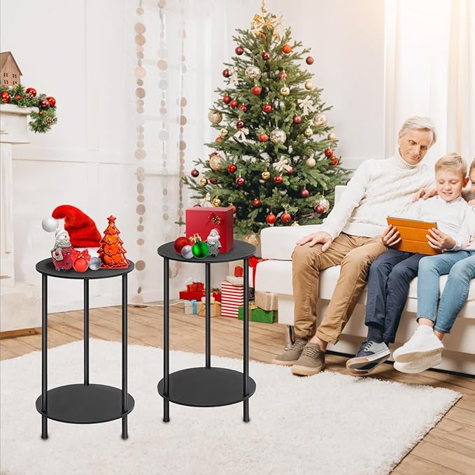 SEHERTIWY Small Round Side Table, 2 Tiers Farmhouse End Tables, Set of 2 Accent Tables for Small Spaces, Night Stands for Bedrooms Living Room, Coffee Tables with Storage Shelf, Black