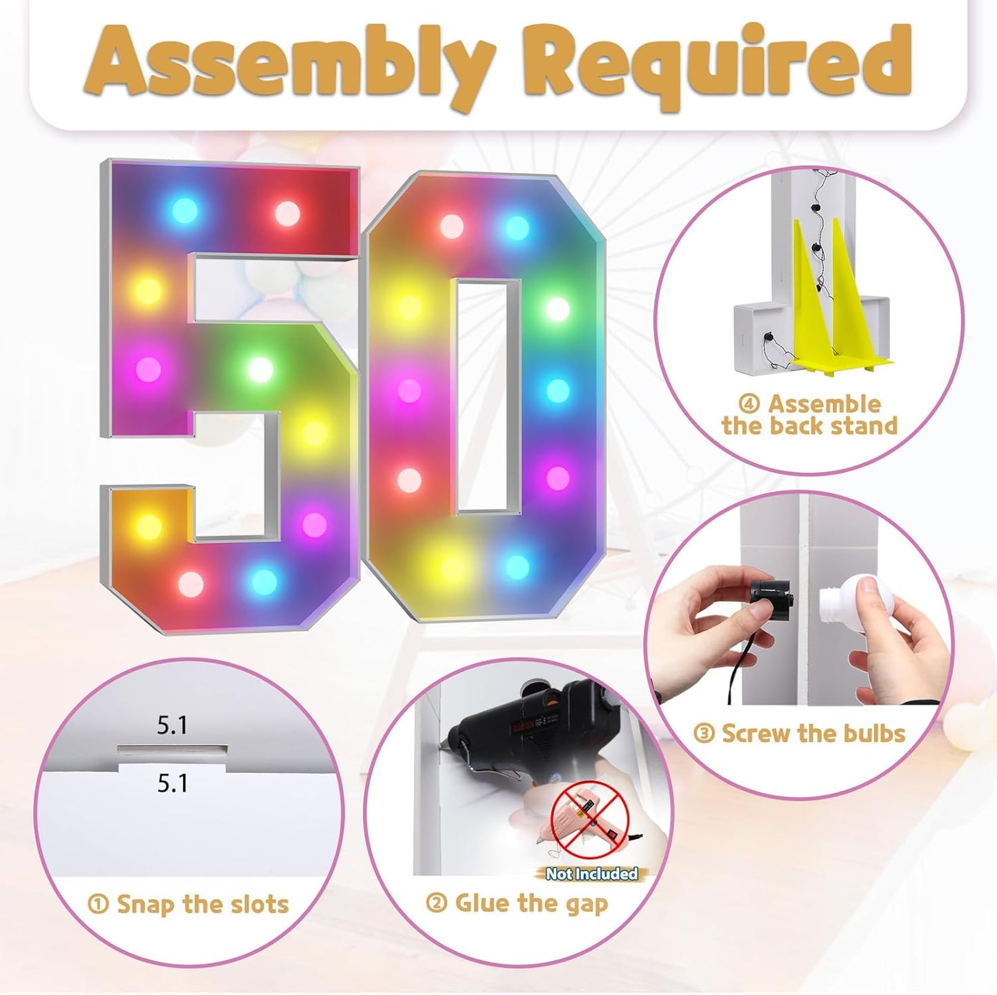 Marquee Numbers Colorful 50th-Birthday Decoration: 4FT Large Light Up 50 Year Old Birthday Decorations Anniversary Backdrop for Men Women Cardboard White Sign 18 Colors Number 50 Mosaic Balloon Frame