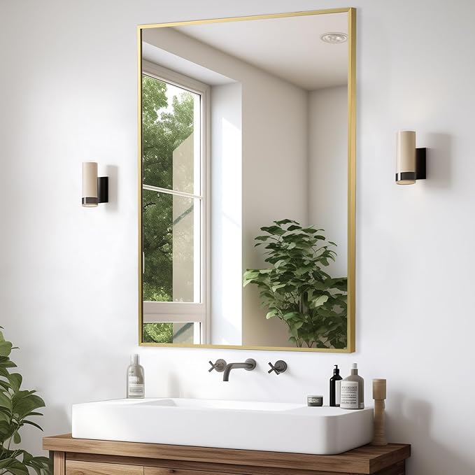 Gold Bathroom Mirror, 20"x30" Rectangle Mirror, Brushed Gold Mirror, Metal Frame Square Corner Vanity Mirror, Wall Mounted Mirror for Modern, Living Room, Bedroom, Horizontal Or Vertical