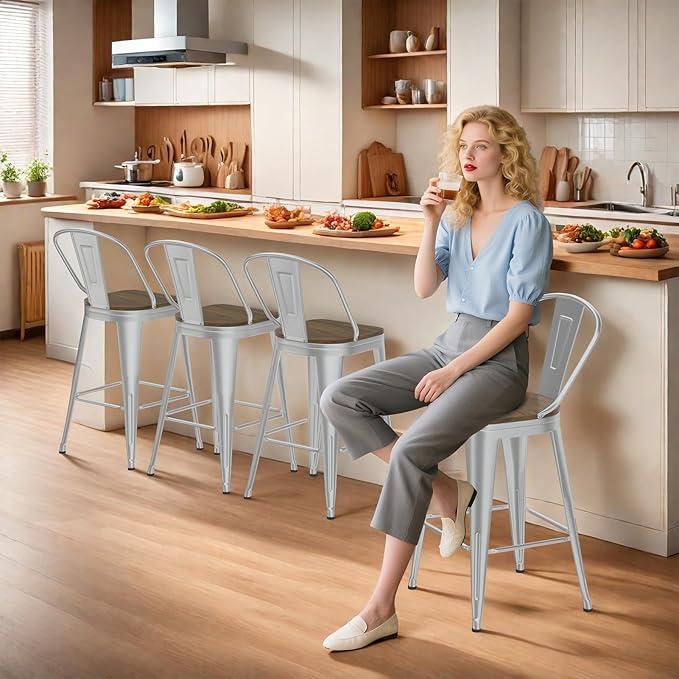 24” Swivel Bar Stools Set of 4, Counter Height Bar Stools Wooden Seat, Metal Industrial Bar Chairs with High Back for Kitchen Island (Silver)