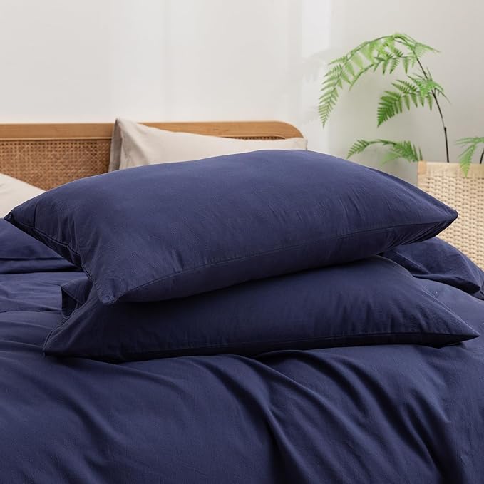 BESTOUCH Duvet Cover Set 100% Washed Cotton Linen Feel Super Soft Comfortable Chic Lightweight 3 PCs Home Bedding Set Solid Navy Blue Oversized Full