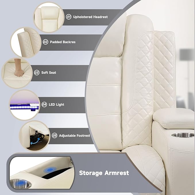 PU Leather Power Wall Hugger Chair Double Reclining Sectional Sofa 3-Seater Loveseat Couch with Reversible Coffee Table, Wireless Chargers, USB Port, Cup Holders, Storage Armrest, Ambient LED Light