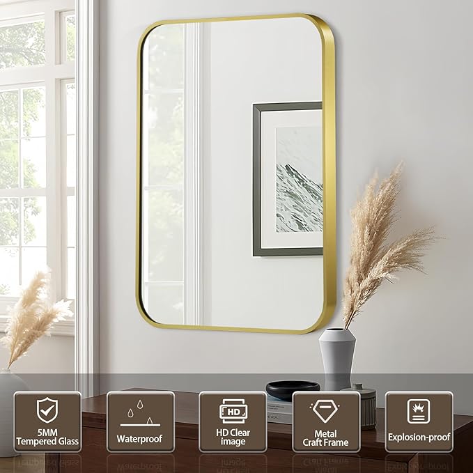 Matte Gold Mirror, 20x30 Inch Brushed Gold Mirror, Aluminum Alloy Framed Vanity Mirror, Rounded Rectangle Bathroom Mirror for Over Sink, Anti-Rust Wall Mirror (Horizontally or Vertically)