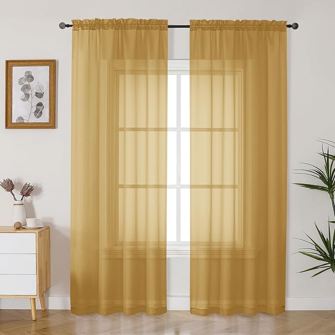 Gwine Gold Sheer Curtains 90 Inches Long 2 Panels Set, Light Filtering Solid by Gwine