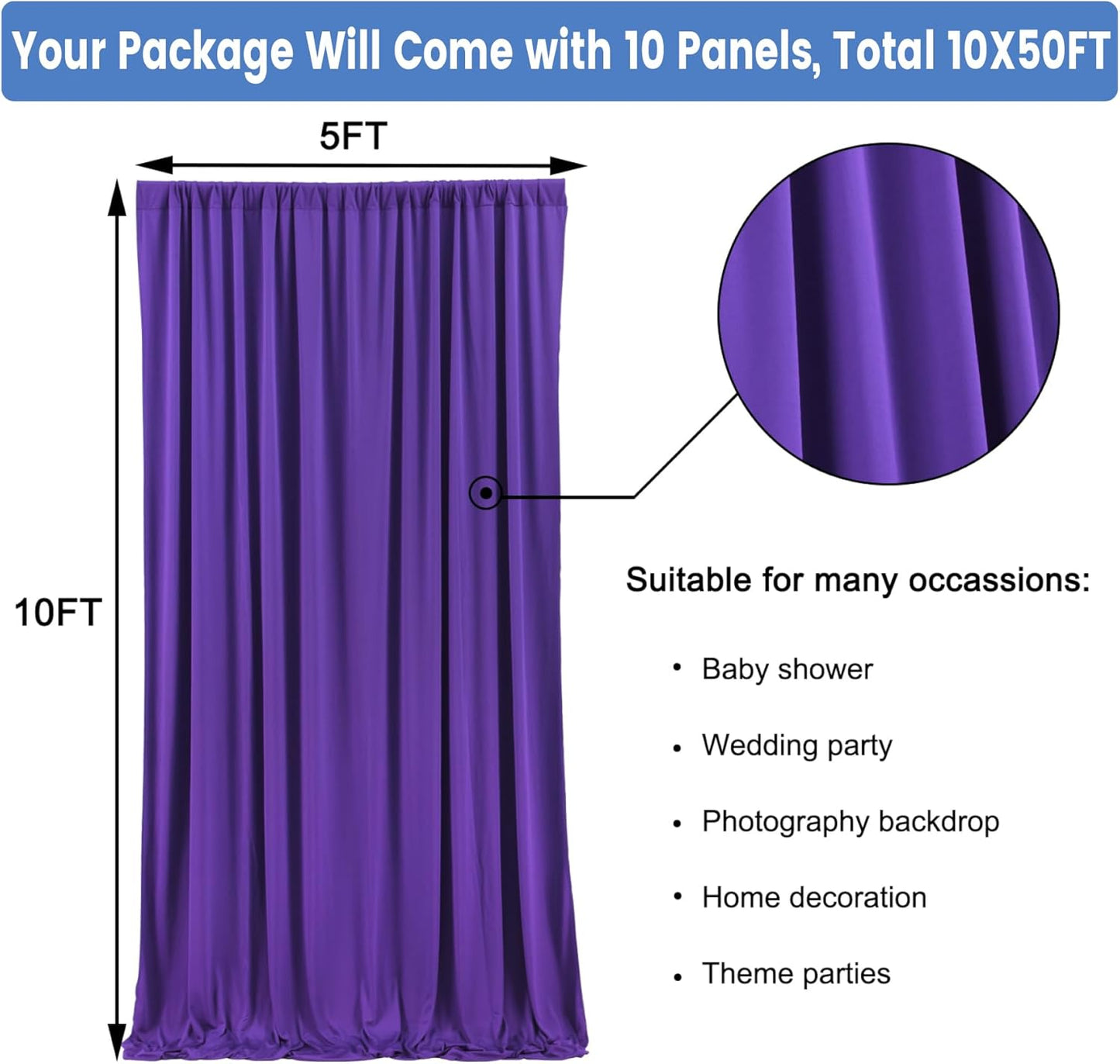 50 ft x 10 ft Wrinkle Free Purple Backdrop Curtain for Parties, 5ft x 10ft 10 Panels Polyester Purple Photo Backdrop Drapes for Wedding Birthday Party Baby Shower Fabric Photo Curtains for Mermaid