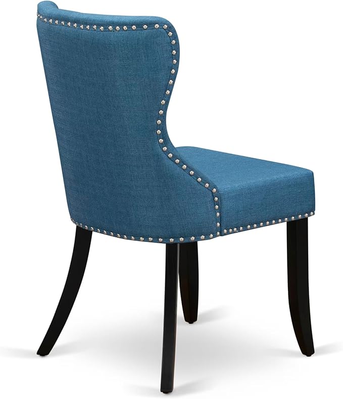 LKSI7-SBB-21-7-Piece Modern Dining Set Consists of a Mid Century Table and 6 Blue Linen Fabric Parson Chairs with Button Tufted Back - Sand Blasting Black Finish