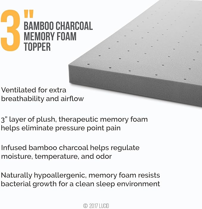 Lucid 3 Inch Ventilated Bamboo Charcoal Memory Foam Mattress Topper, CertiPUR-US Certified, Moisture and Odor Control-Twin