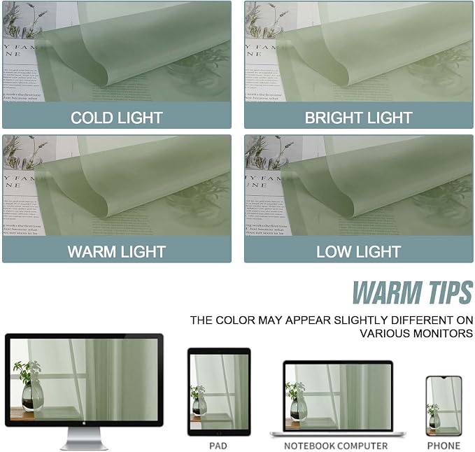 Sage Green Small Sheer Curtains 2 Panels Set, Kitchen Curtains 36 Inch Length - Image 7