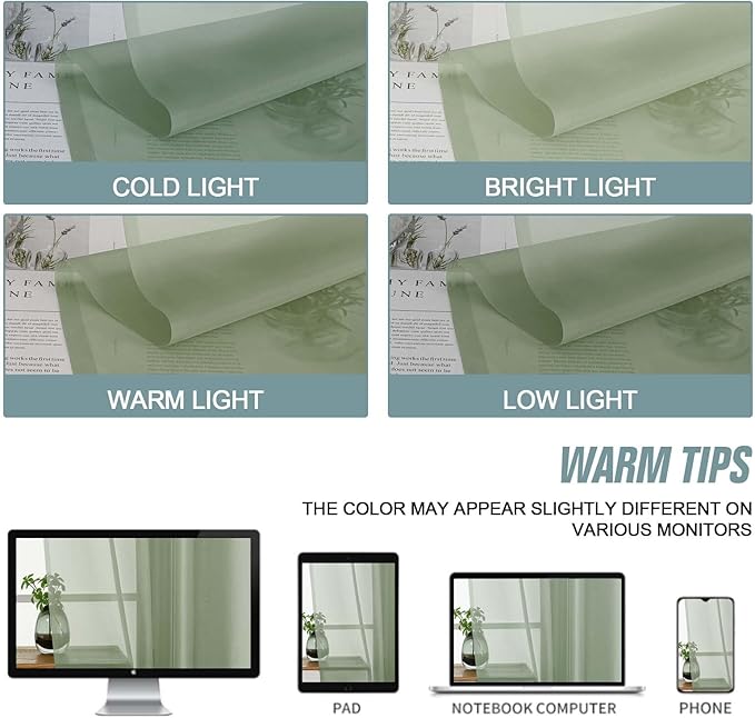 Sage Green Window Sheer Curtains 45 Inches Length, Voile Short Curtains - Image 6
