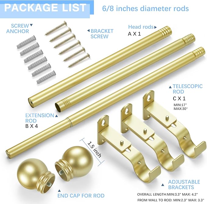 Curtain Rods for Windows 16 to 92 Inches, Curtain Rod Max Adjustable Length of 104 IN, 6/8" Diameter Drapery Rods Round Finials, Warm Gold, Pack of 1